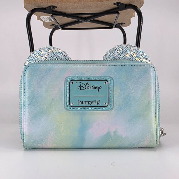 🎀 Disney Minnie Mouse Sequin Bow 🌈 Seafoam Pastel Tie Dye Loungefly Zip Wallet - Picture 5 of 8